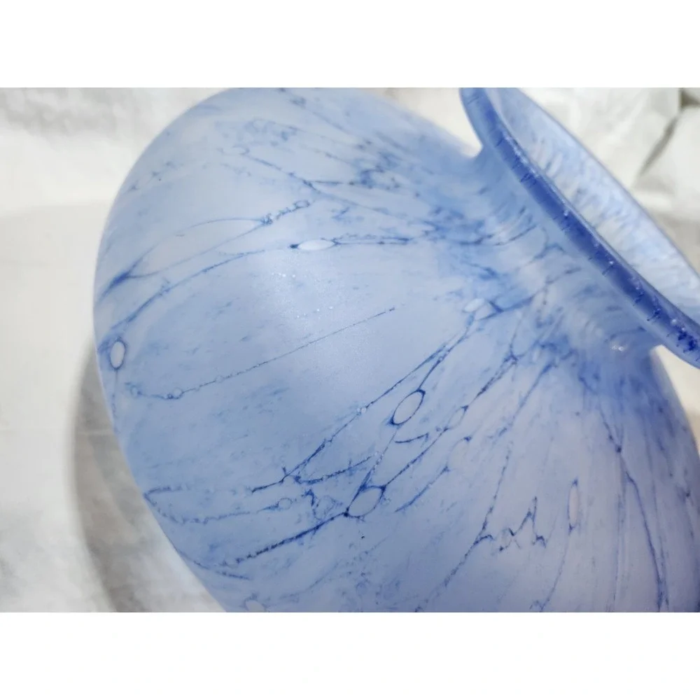 Vintage Aqua Blue Art Glass White Vase 7